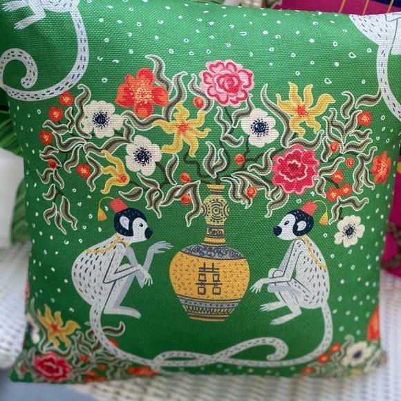 Pink Green Monkey / Blue Ginger Jars Pillow Cover w Insert 17.7” Grandmillennial - Picture 16 of 16